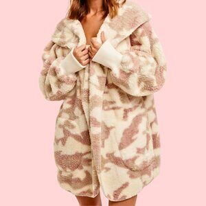 NEW Camo Print Furry Teddy Jacket Pink Casual Comfy Weekend Leisure Boutique